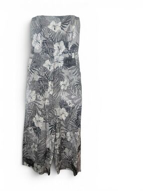 Gilli Strapless Wide Leg Jumpsuit Tropical Floral Gray White Pockets Size S